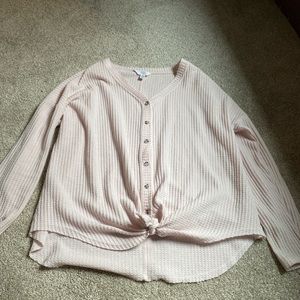 pink tie front and button up sweater